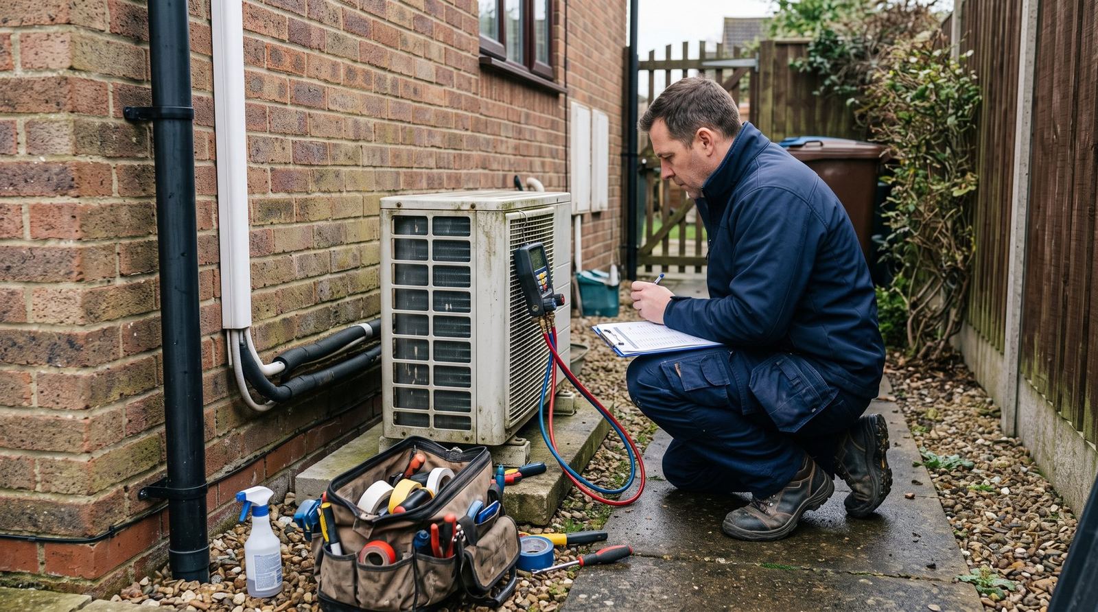 HVAC engineer servicing an outdoor air conditioning condenser unit