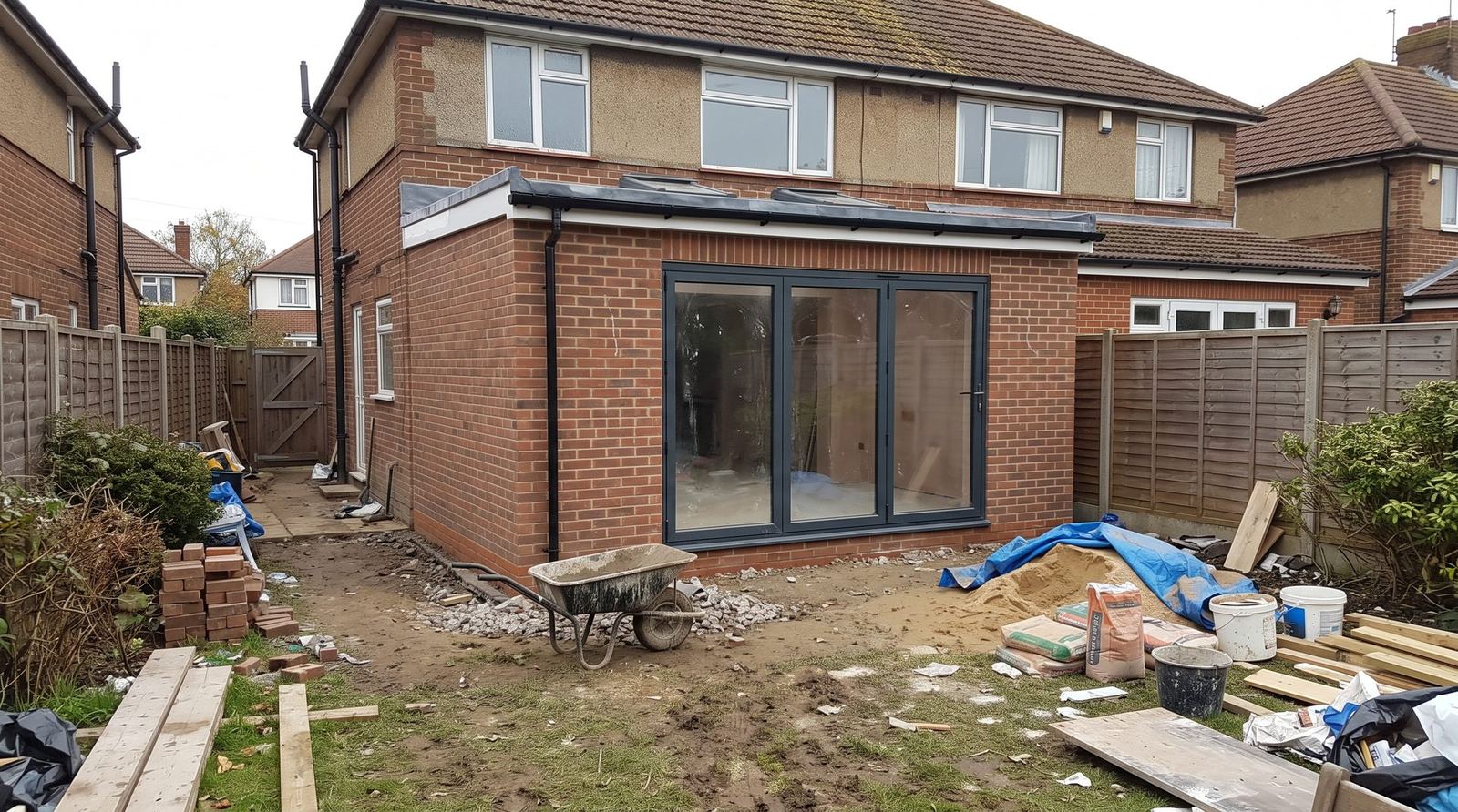 Single-storey rear extension nearing completion with bi-fold doors