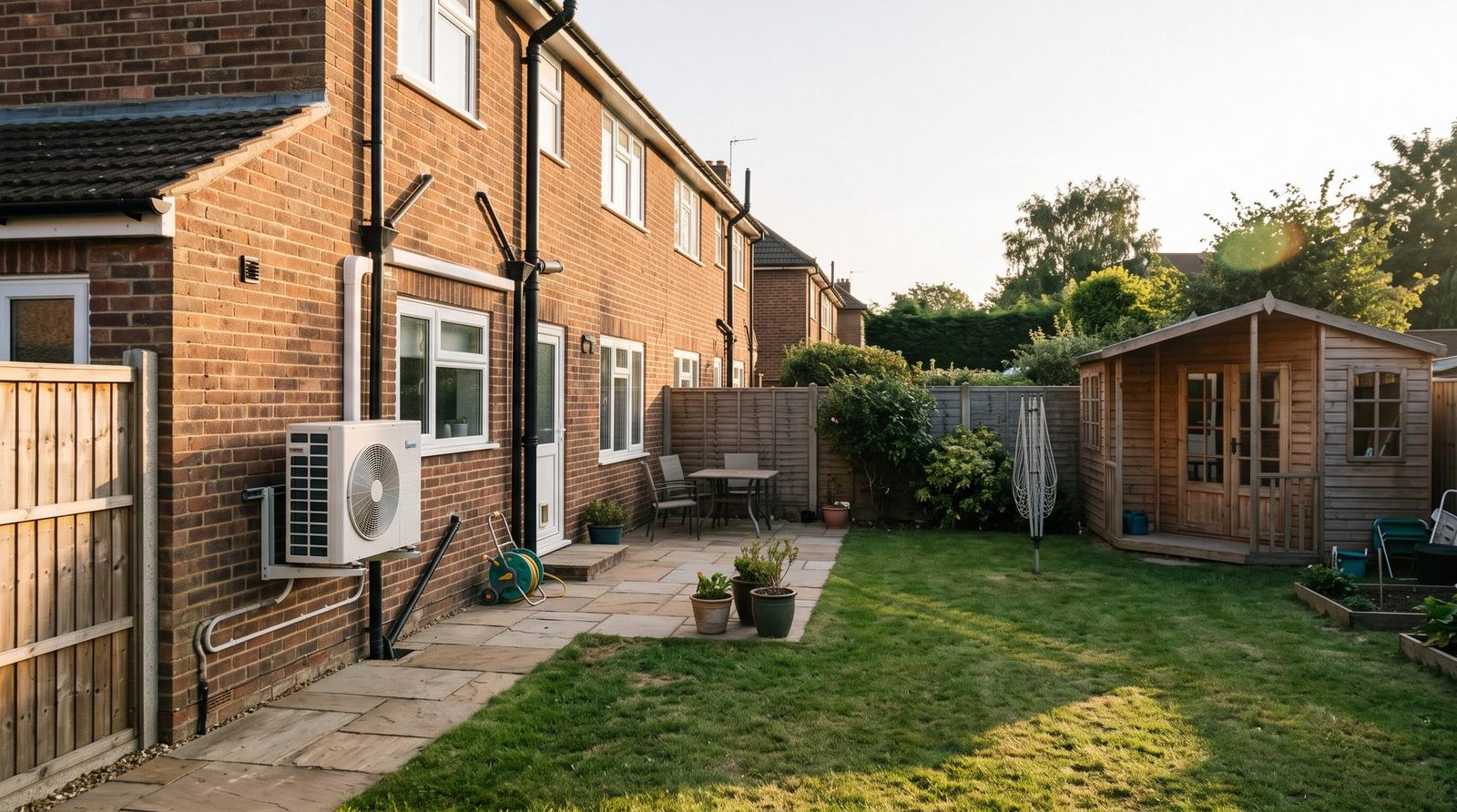 Air conditioning installation and timber summer house in an East London back garden