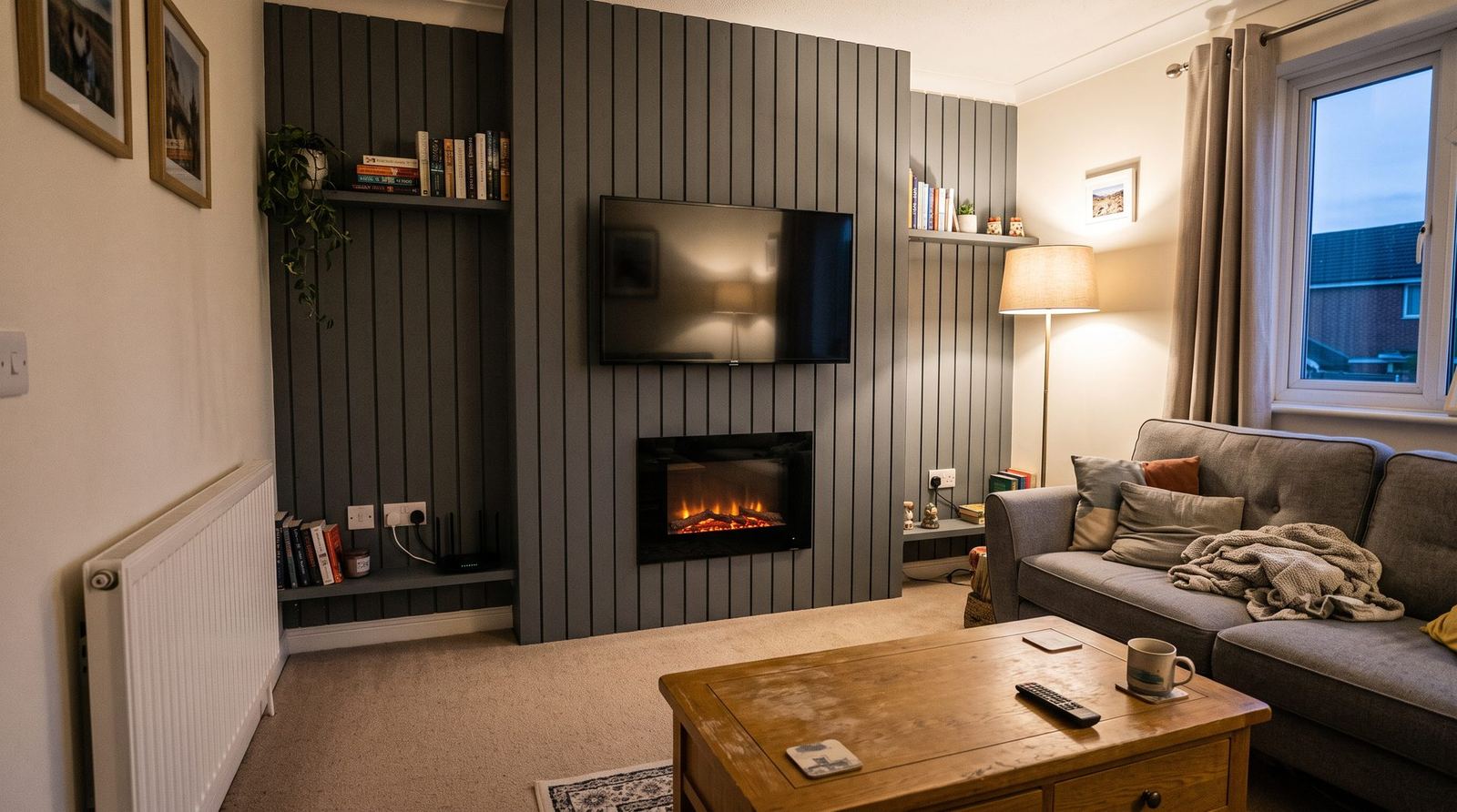 Built-in media wall with recessed TV and electric fireplace