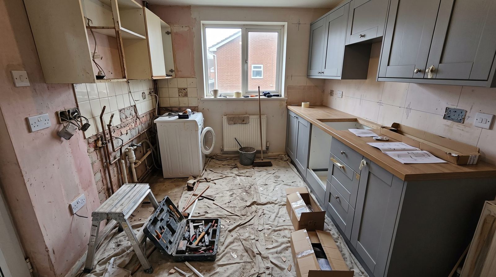 British kitchen mid refurbishment with new cabinets being fitted